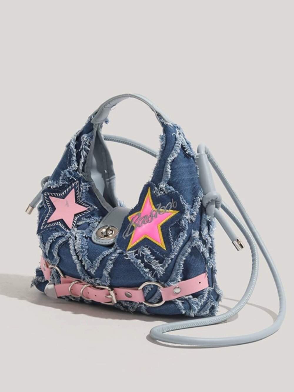 Y2K Distressed Denim Patchwork Handbag with Pink Star Accents – Retro Starry Den